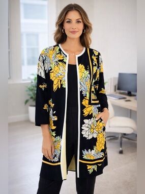 Carlisle Floral Cardigan Jacket Medium Black Yellow Longline Open Front Buttons